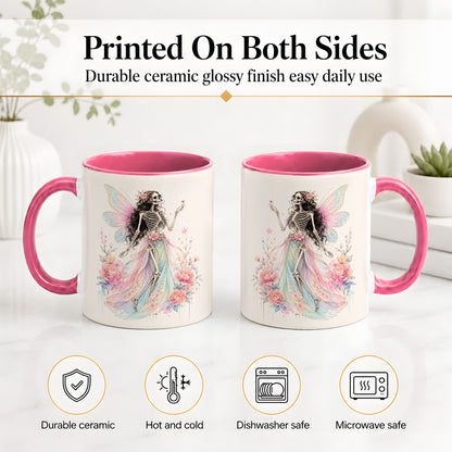 #pl[11oz|Pink] Skeleton Fairy Ceramic Mug, Pastel Floral Gothic Fantasy Artwork