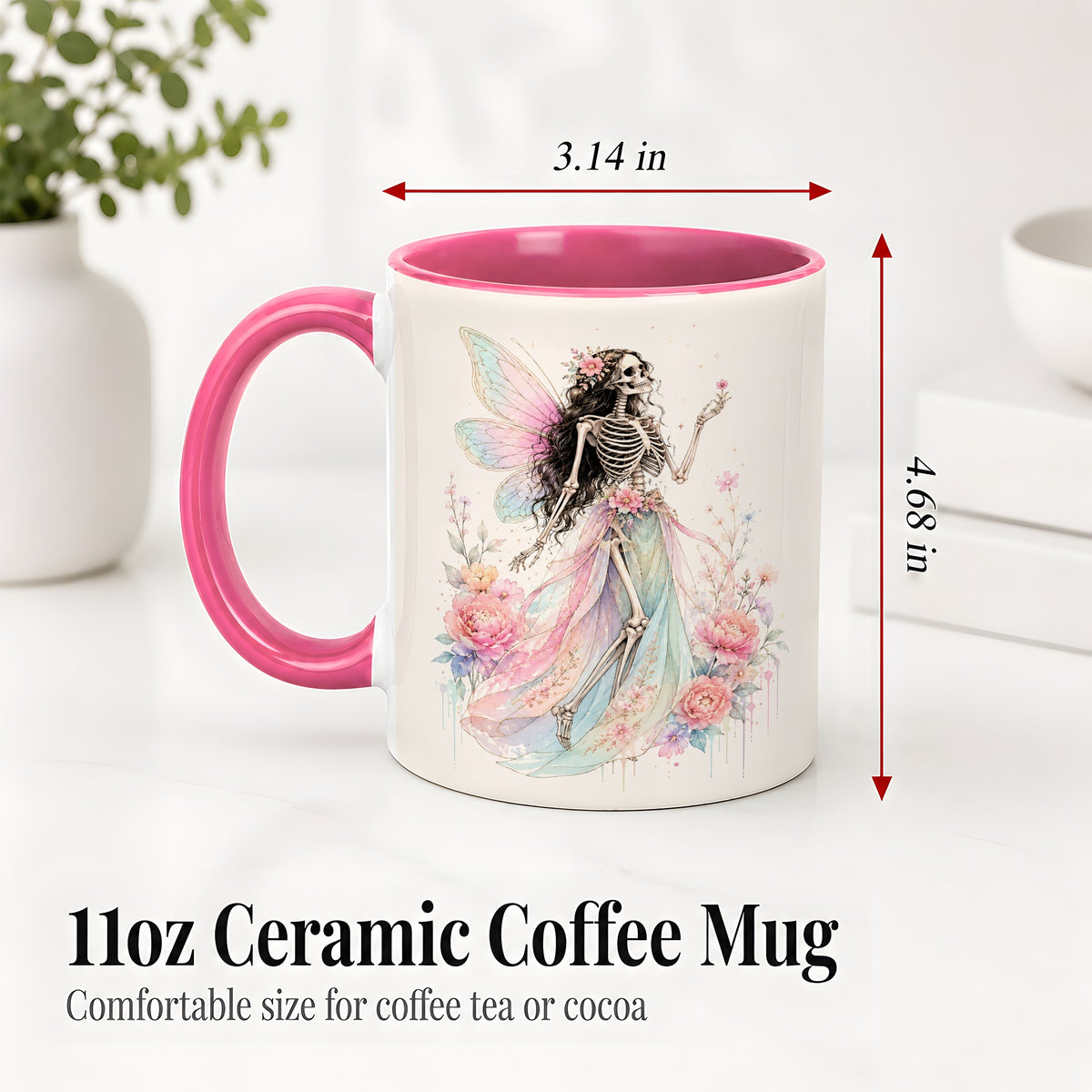 #pl[11oz|Pink] Skeleton Fairy Ceramic Mug, Pastel Floral Gothic Fantasy Artwork