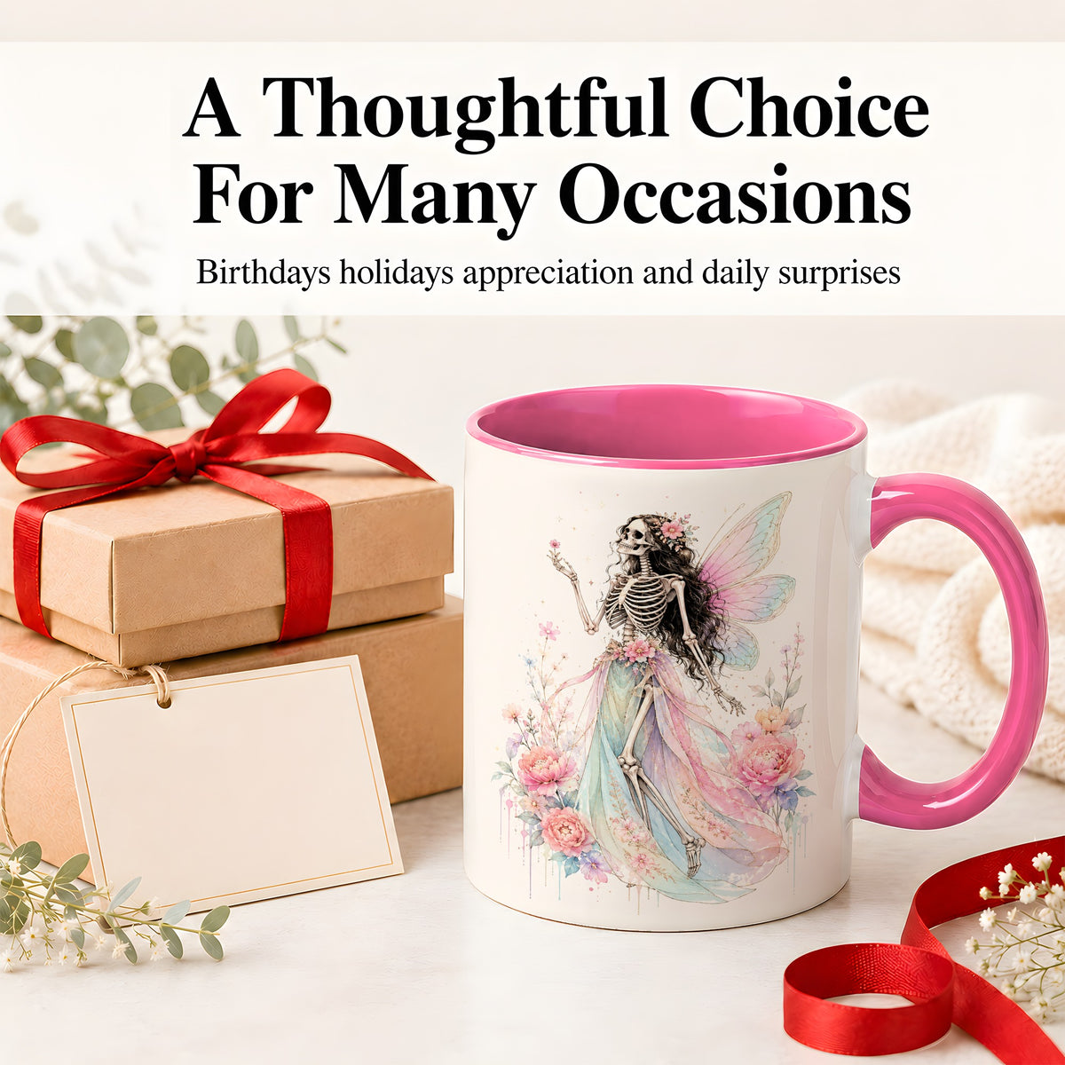 #pl[11oz|Pink] Skeleton Fairy Ceramic Mug, Pastel Floral Gothic Fantasy Artwork