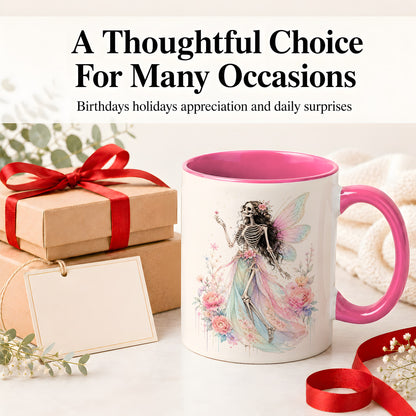 #pl[11oz|Pink] Skeleton Fairy Ceramic Mug, Pastel Floral Gothic Fantasy Artwork
