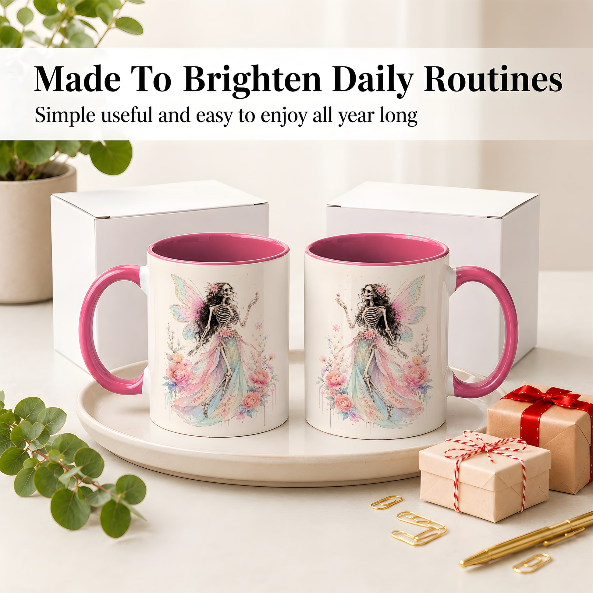 #pl[11oz|Pink] Skeleton Fairy Ceramic Mug, Pastel Floral Gothic Fantasy Artwork