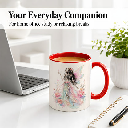 #pl[11oz|Red] Skeleton Fairy Ceramic Mug, Pastel Floral Gothic Fantasy Artwork