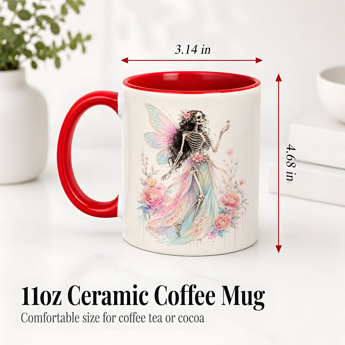 #pl[11oz|Red] Skeleton Fairy Ceramic Mug, Pastel Floral Gothic Fantasy Artwork
