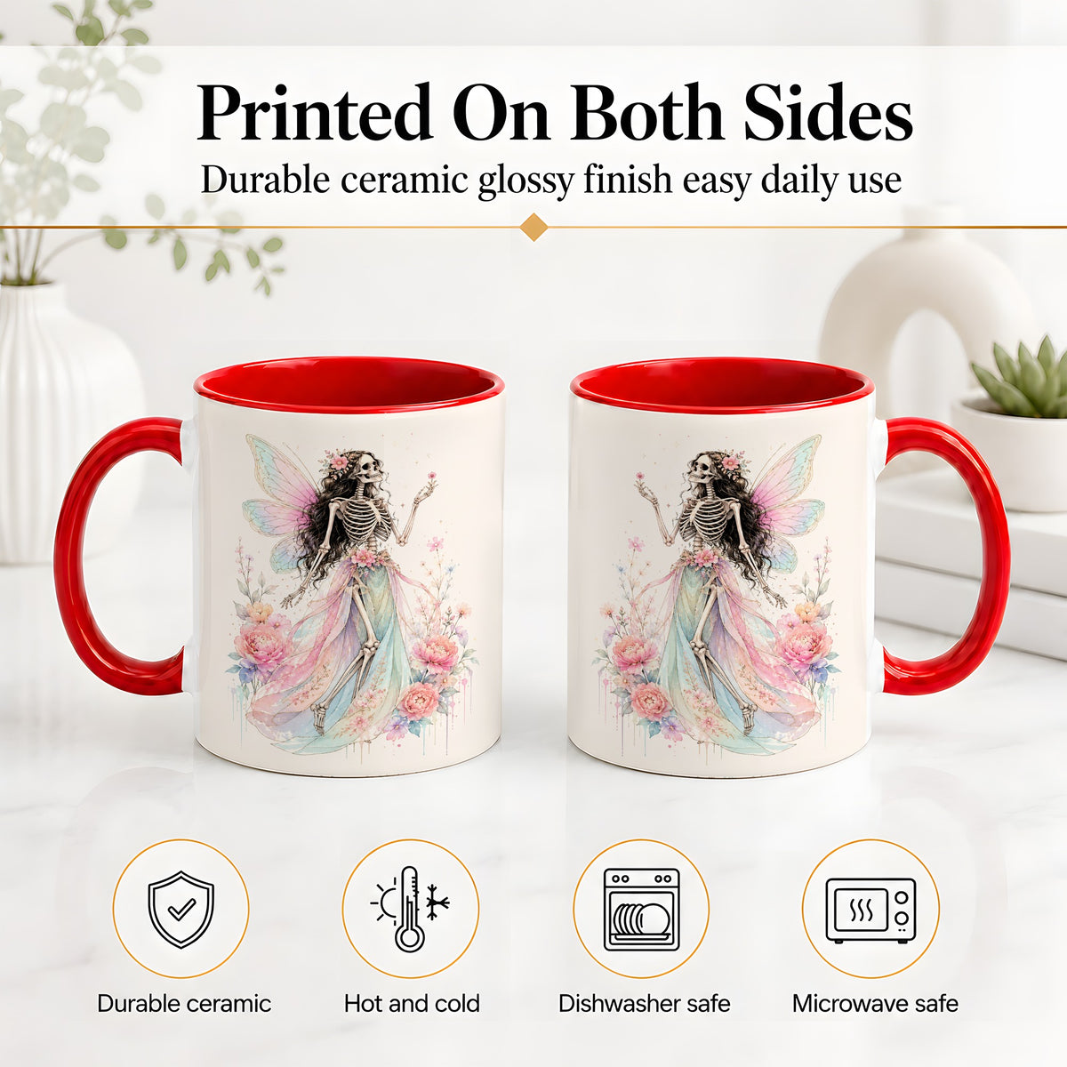 #pl[11oz|Red] Skeleton Fairy Ceramic Mug, Pastel Floral Gothic Fantasy Artwork