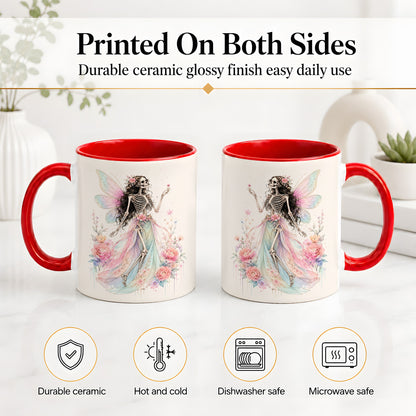 #pl[11oz|Red] Skeleton Fairy Ceramic Mug, Pastel Floral Gothic Fantasy Artwork