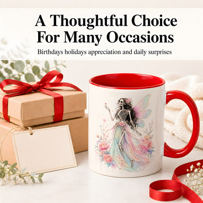 #pl[11oz|Red] Skeleton Fairy Ceramic Mug, Pastel Floral Gothic Fantasy Artwork