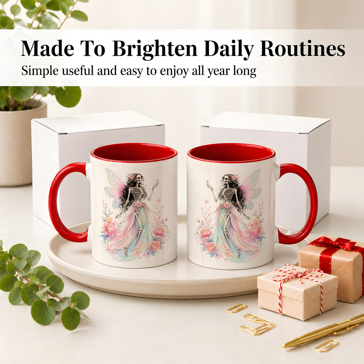#pl[11oz|Red] Skeleton Fairy Ceramic Mug, Pastel Floral Gothic Fantasy Artwork