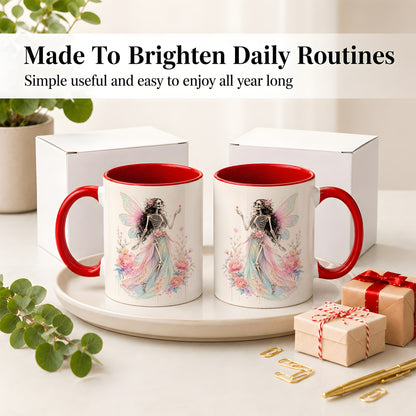 #pl[11oz|Red] Skeleton Fairy Ceramic Mug, Pastel Floral Gothic Fantasy Artwork