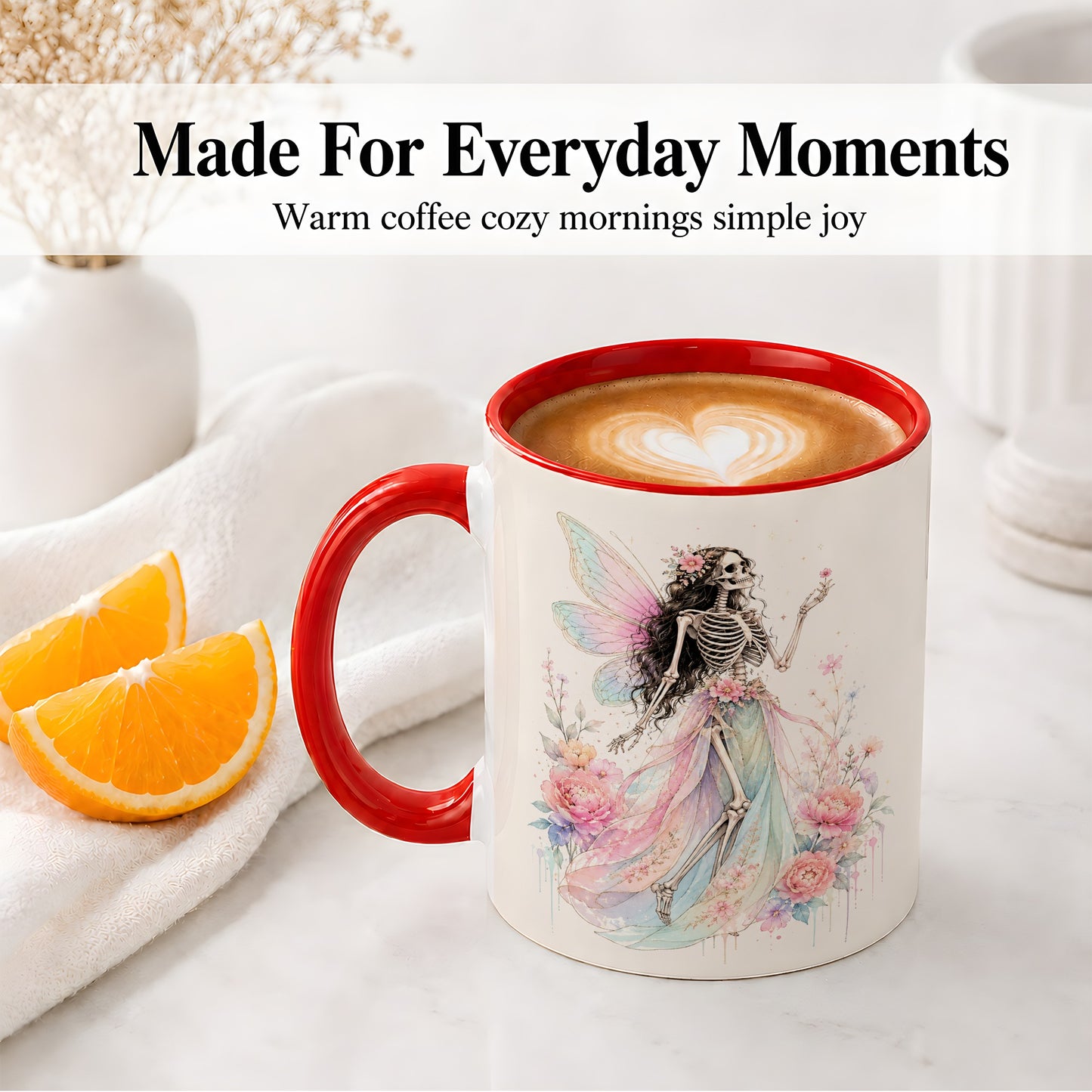 #pl[11oz|Red] Skeleton Fairy Ceramic Mug, Pastel Floral Gothic Fantasy Artwork