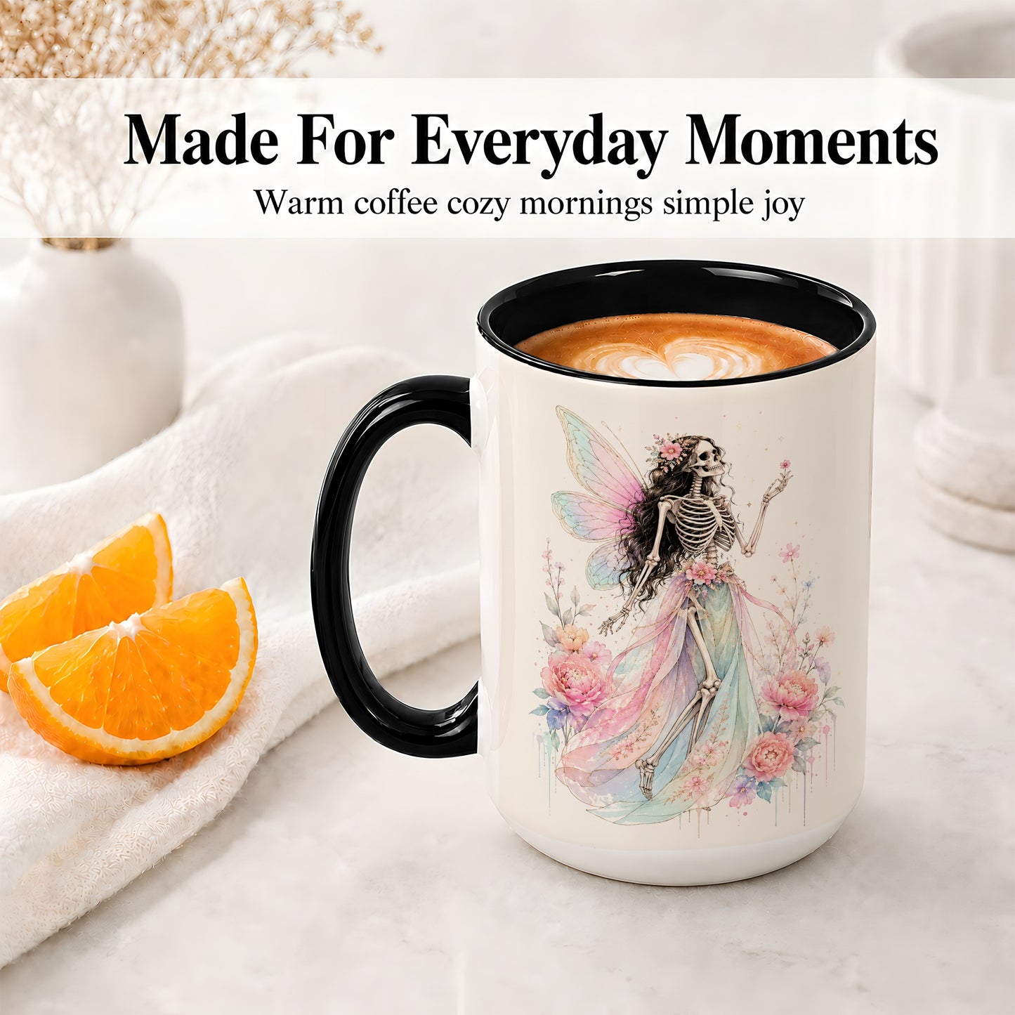 #pl[15oz|Black] Skeleton Fairy Ceramic Mug, Pastel Floral Gothic Fantasy Artwork