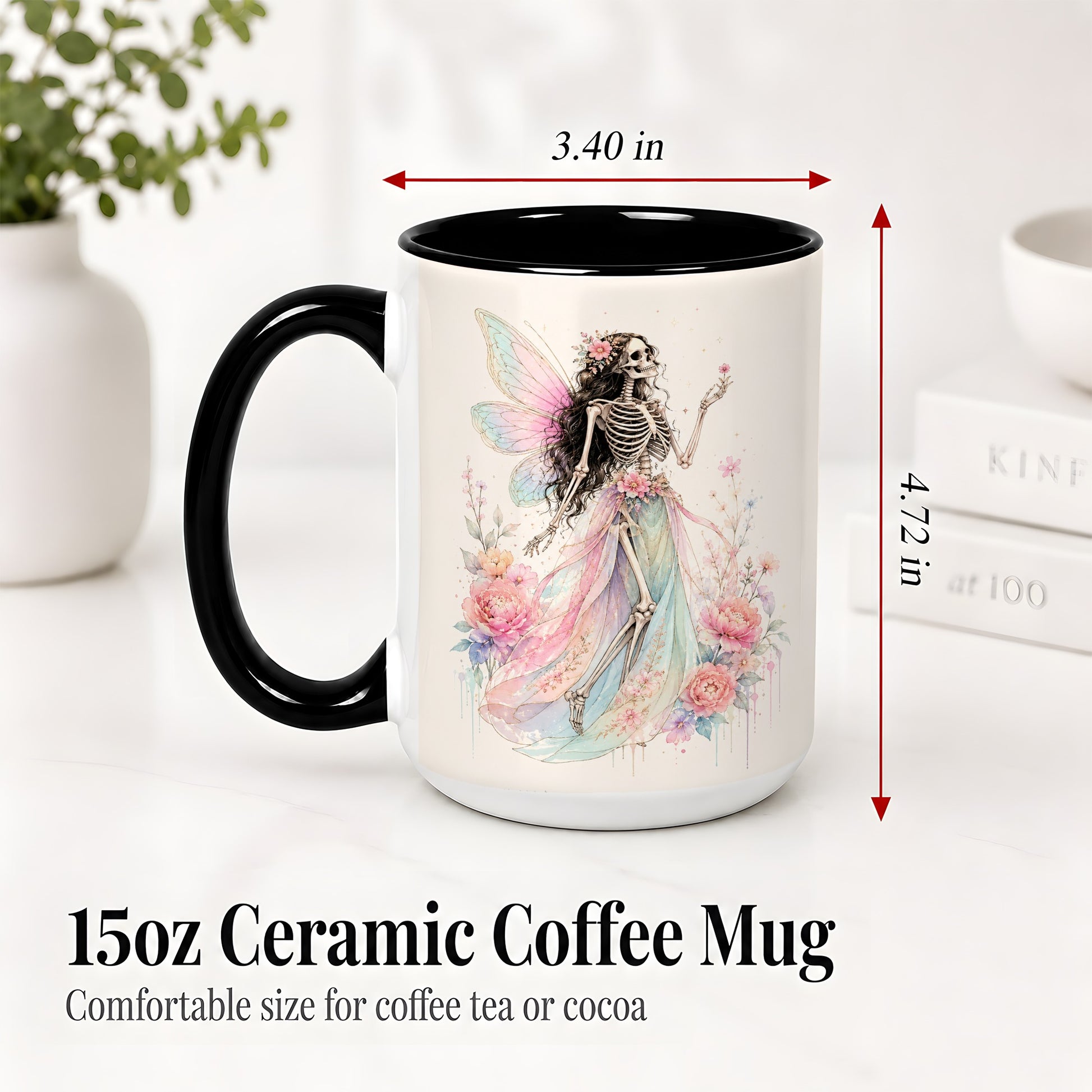 #pl[15oz|Black] Skeleton Fairy Ceramic Mug, Pastel Floral Gothic Fantasy Artwork