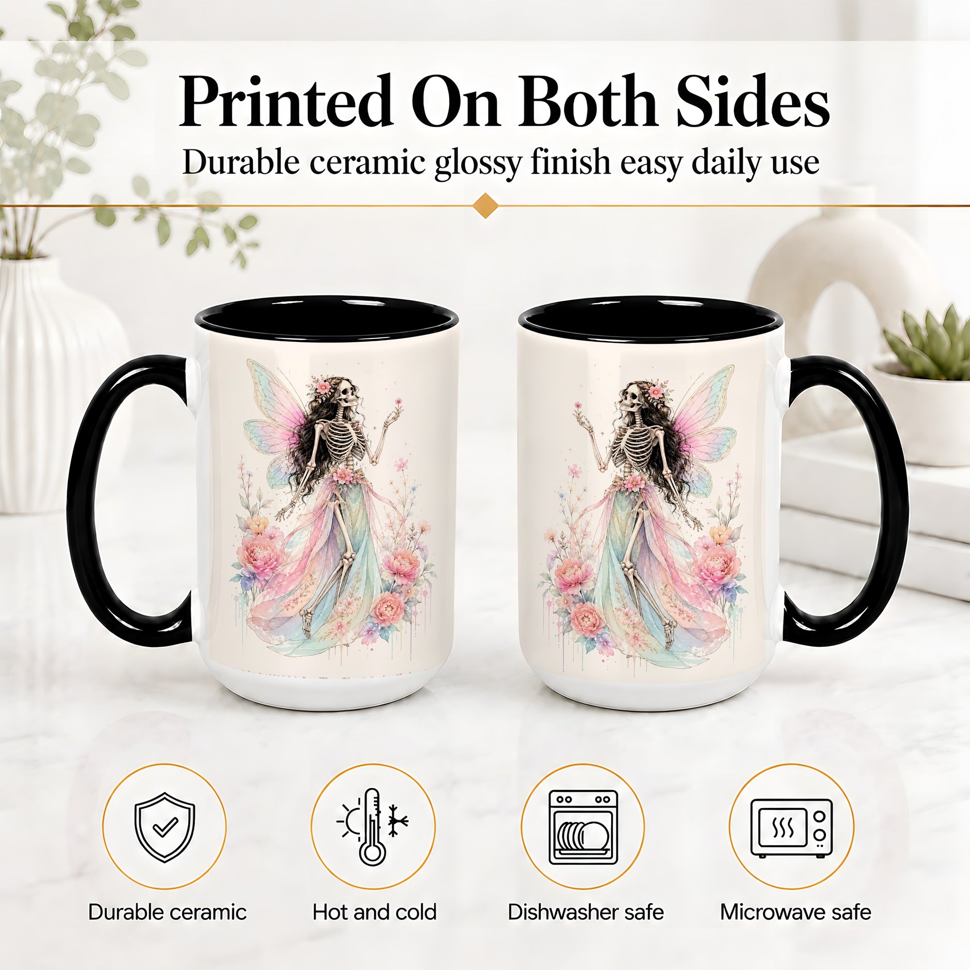 #pl[15oz|Black] Skeleton Fairy Ceramic Mug, Pastel Floral Gothic Fantasy Artwork