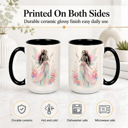 #pl[15oz|Black] Skeleton Fairy Ceramic Mug, Pastel Floral Gothic Fantasy Artwork