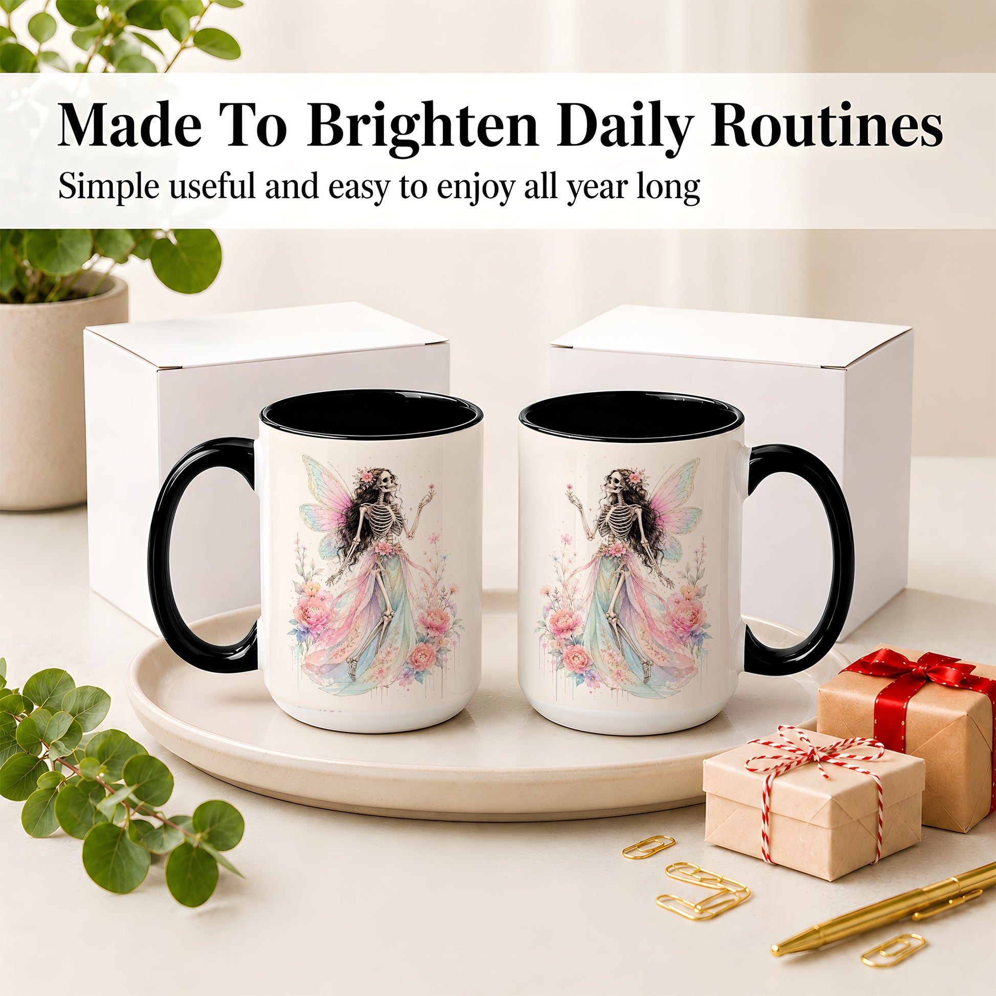 #pl[15oz|Black] Skeleton Fairy Ceramic Mug, Pastel Floral Gothic Fantasy Artwork