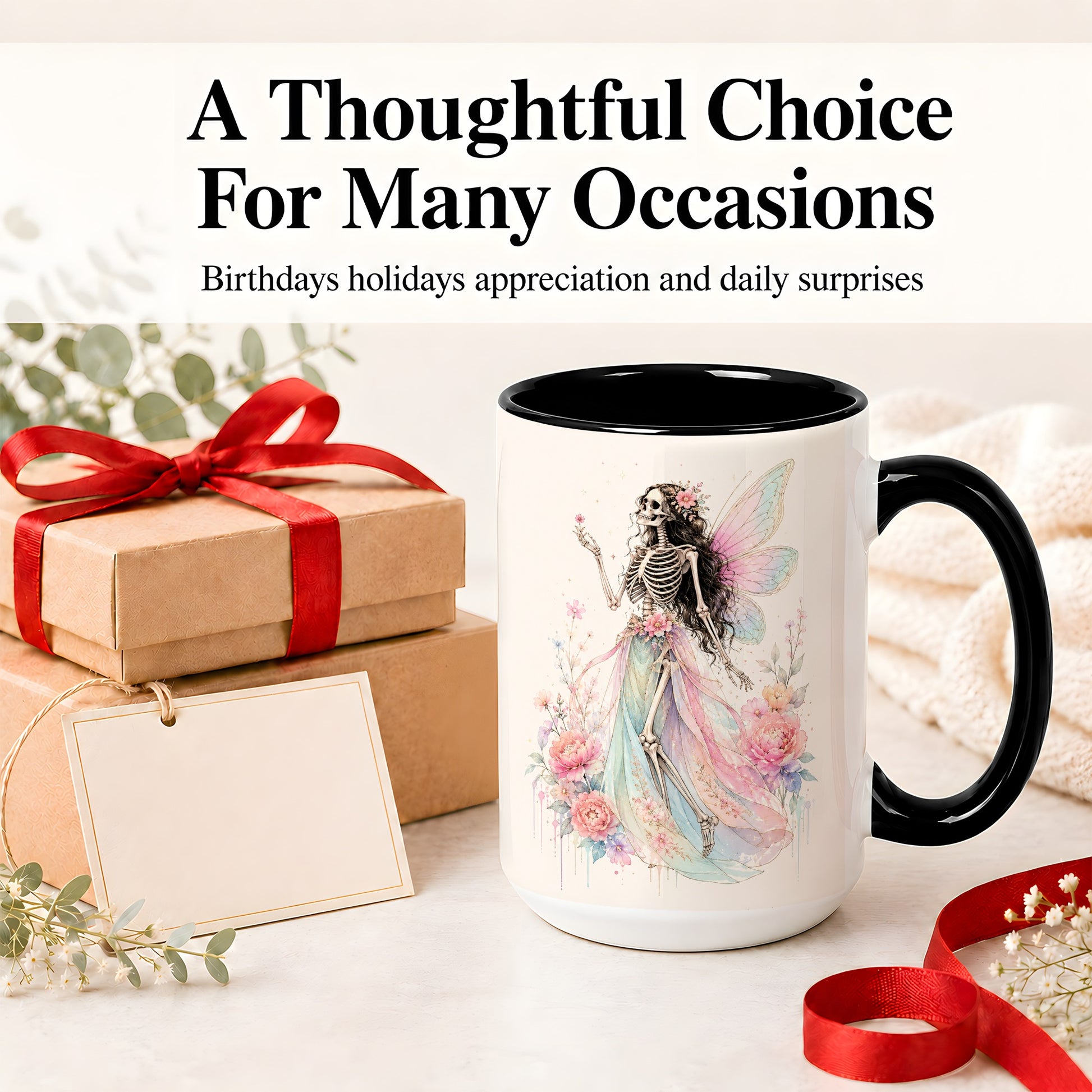#pl[15oz|Black] Skeleton Fairy Ceramic Mug, Pastel Floral Gothic Fantasy Artwork