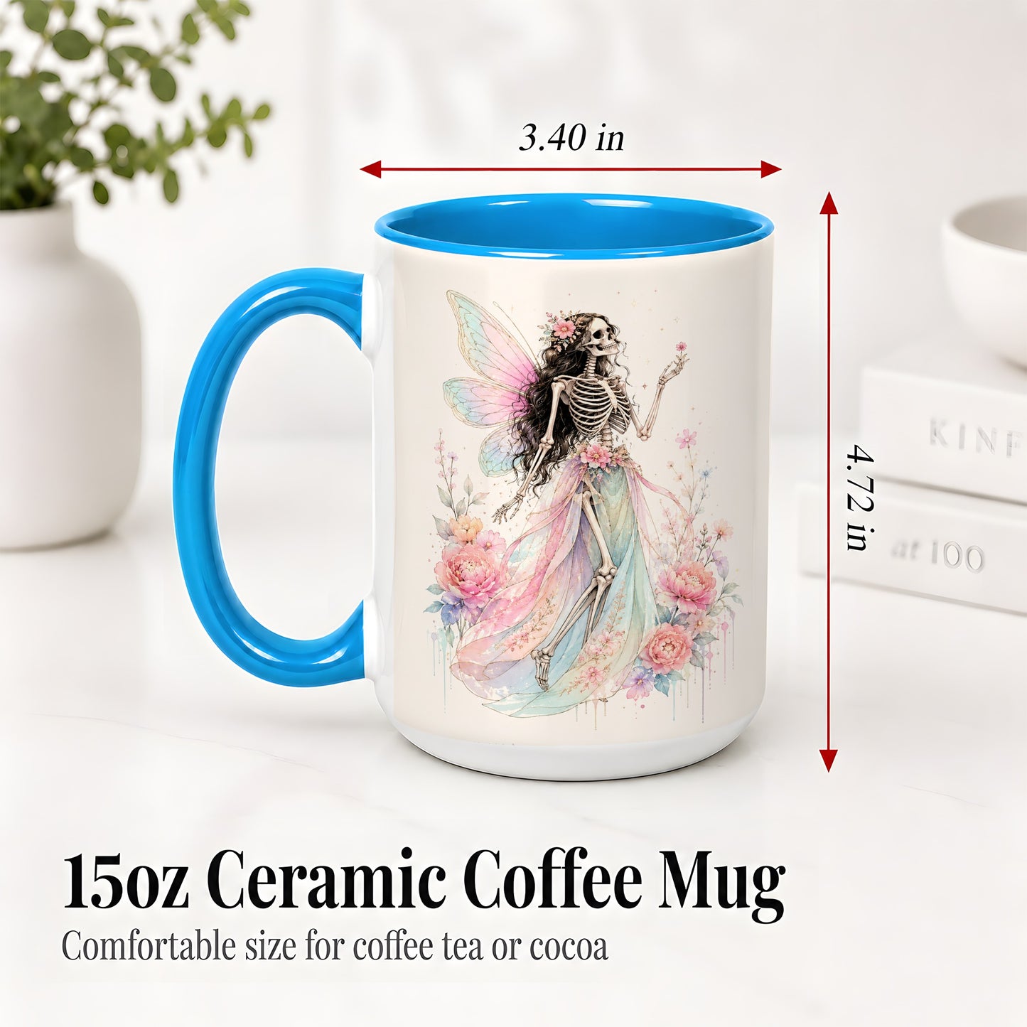 #pl[15oz|Blue] Skeleton Fairy Ceramic Mug, Pastel Floral Gothic Fantasy Artwork