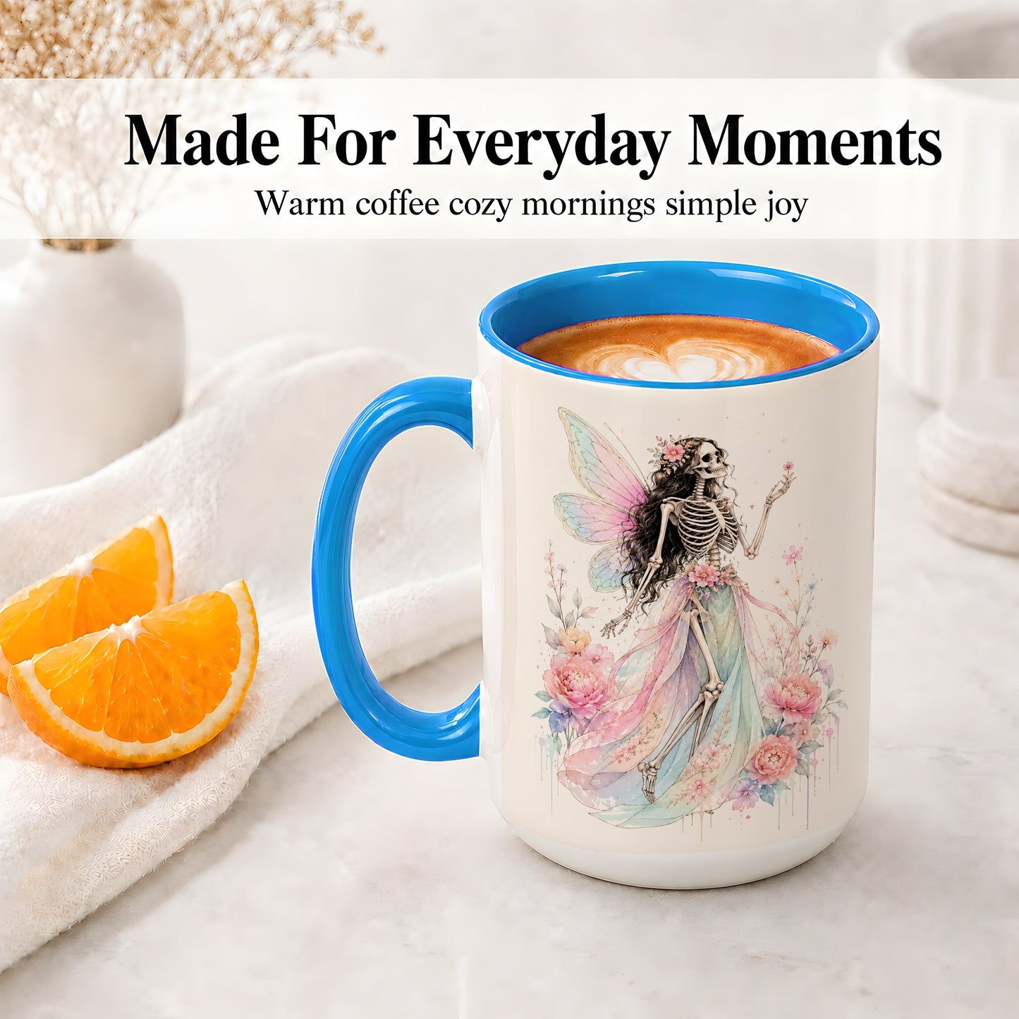 #pl[15oz|Blue] Skeleton Fairy Ceramic Mug, Pastel Floral Gothic Fantasy Artwork