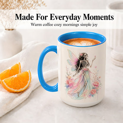 #pl[15oz|Blue] Skeleton Fairy Ceramic Mug, Pastel Floral Gothic Fantasy Artwork