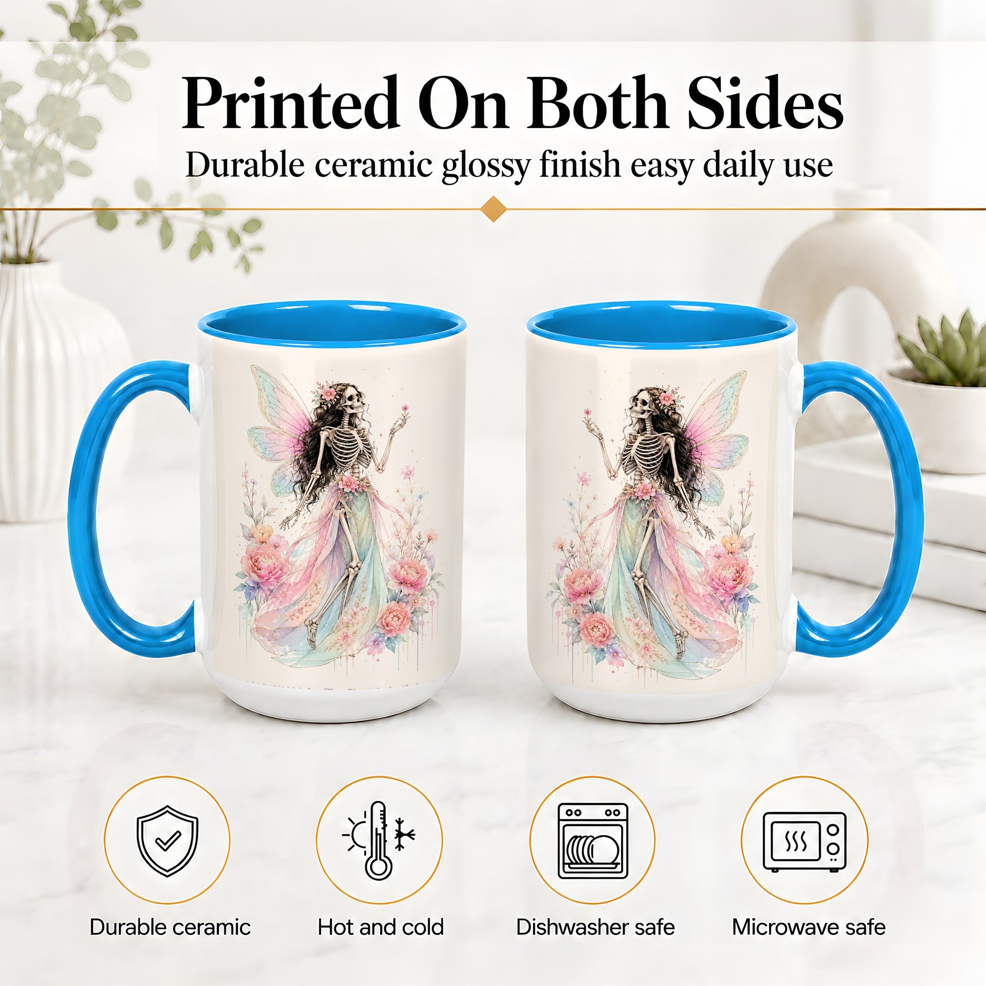 #pl[15oz|Blue] Skeleton Fairy Ceramic Mug, Pastel Floral Gothic Fantasy Artwork