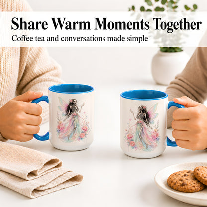 #pl[15oz|Blue] Skeleton Fairy Ceramic Mug, Pastel Floral Gothic Fantasy Artwork