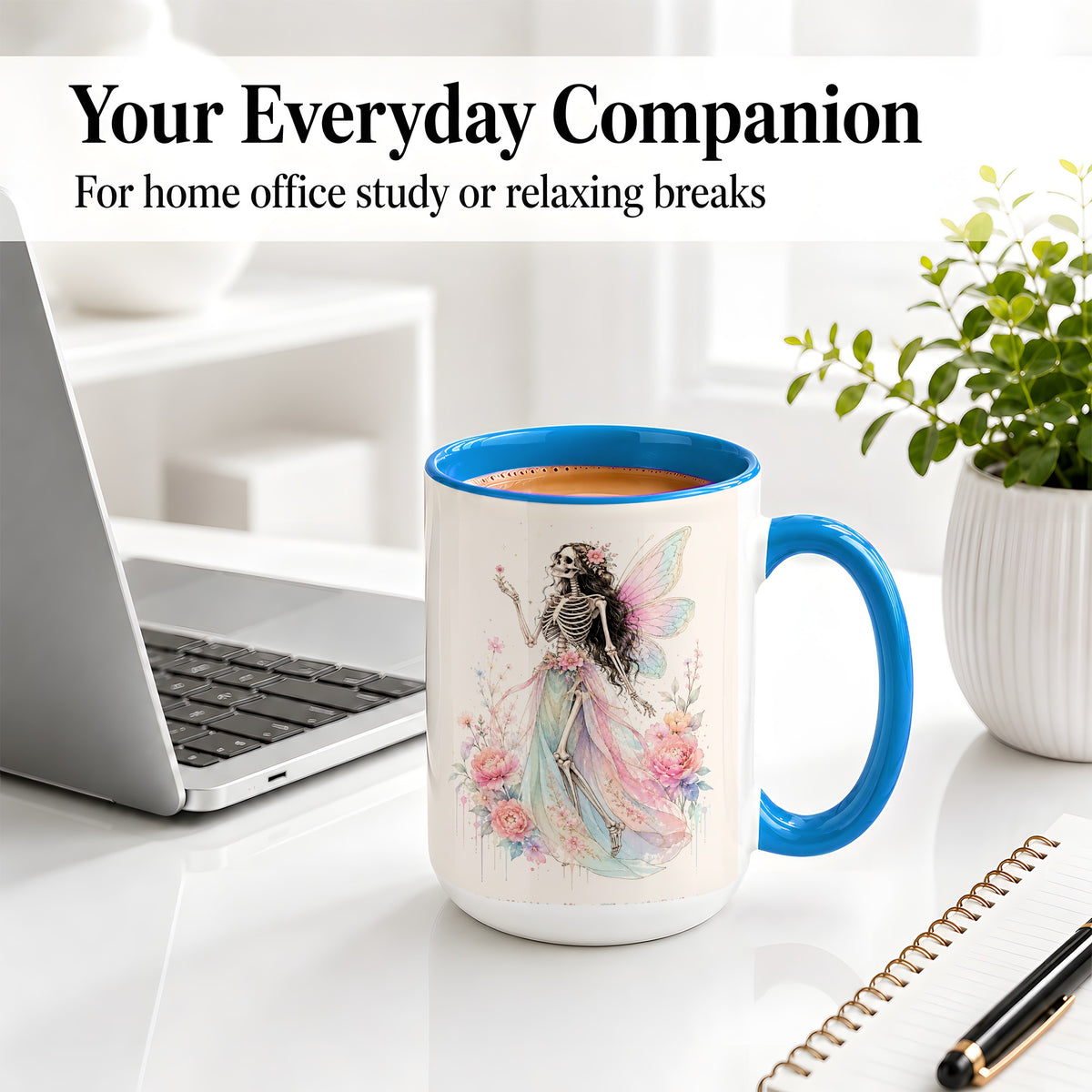 #pl[15oz|Blue] Skeleton Fairy Ceramic Mug, Pastel Floral Gothic Fantasy Artwork
