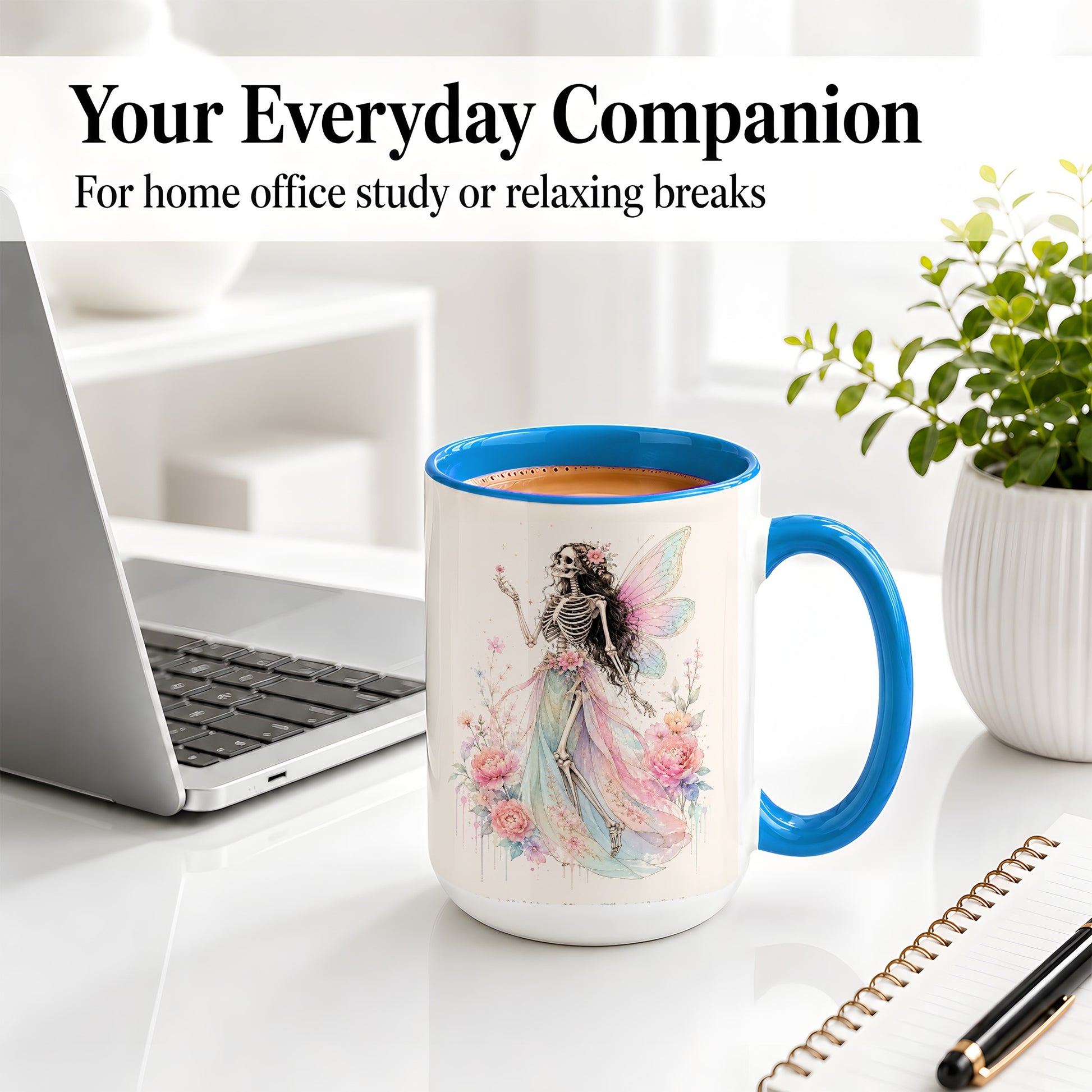 #pl[15oz|Blue] Skeleton Fairy Ceramic Mug, Pastel Floral Gothic Fantasy Artwork
