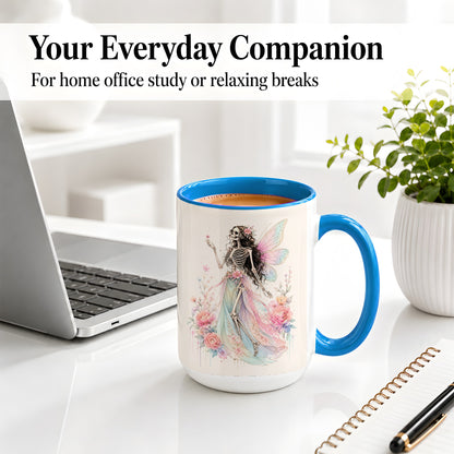 #pl[15oz|Blue] Skeleton Fairy Ceramic Mug, Pastel Floral Gothic Fantasy Artwork