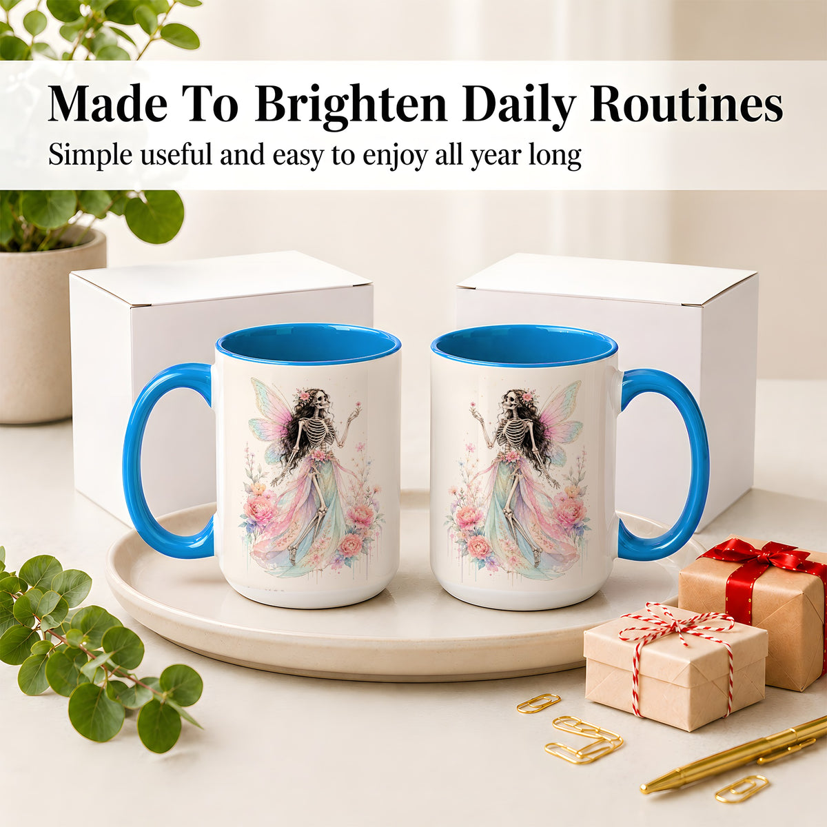 #pl[15oz|Blue] Skeleton Fairy Ceramic Mug, Pastel Floral Gothic Fantasy Artwork