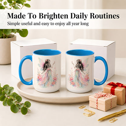 #pl[15oz|Blue] Skeleton Fairy Ceramic Mug, Pastel Floral Gothic Fantasy Artwork