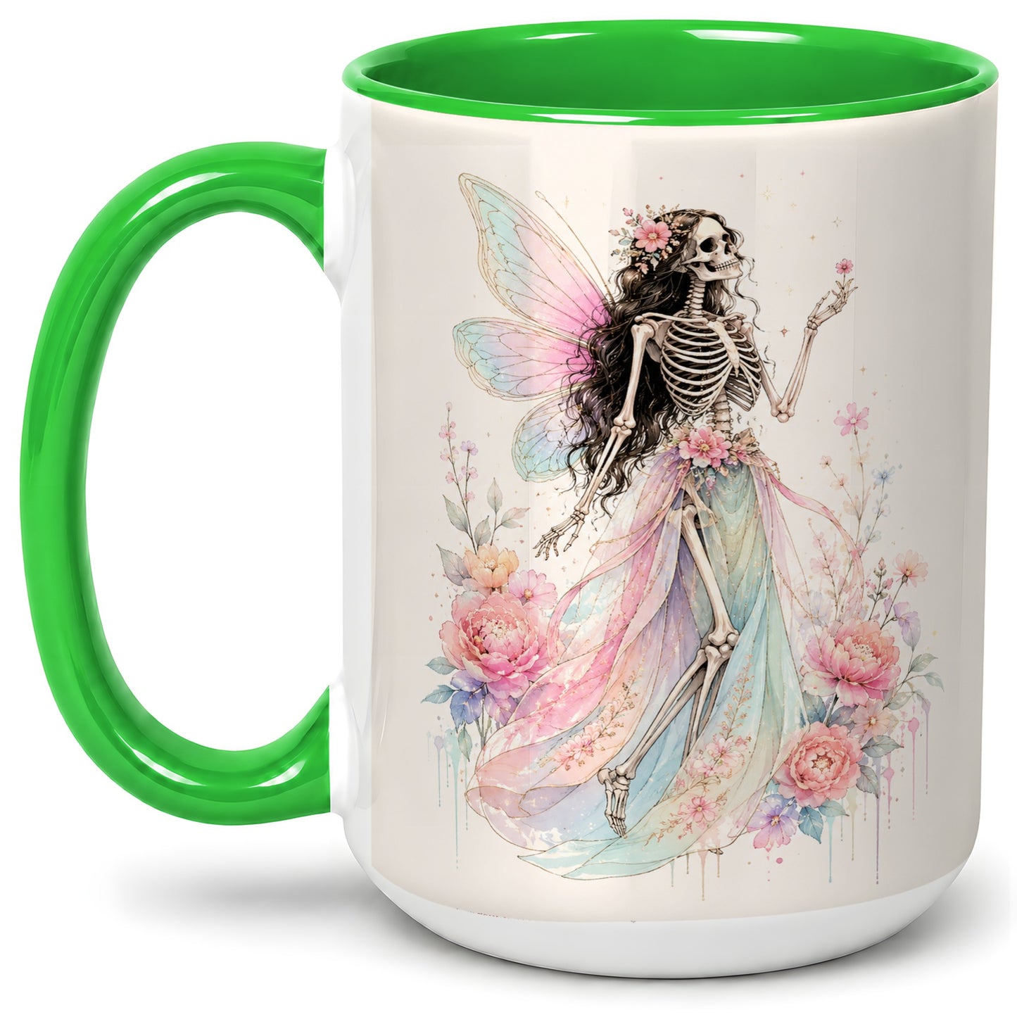 #pl[15oz|Green] Skeleton Fairy Ceramic Mug, Pastel Floral Gothic Fantasy Artwork