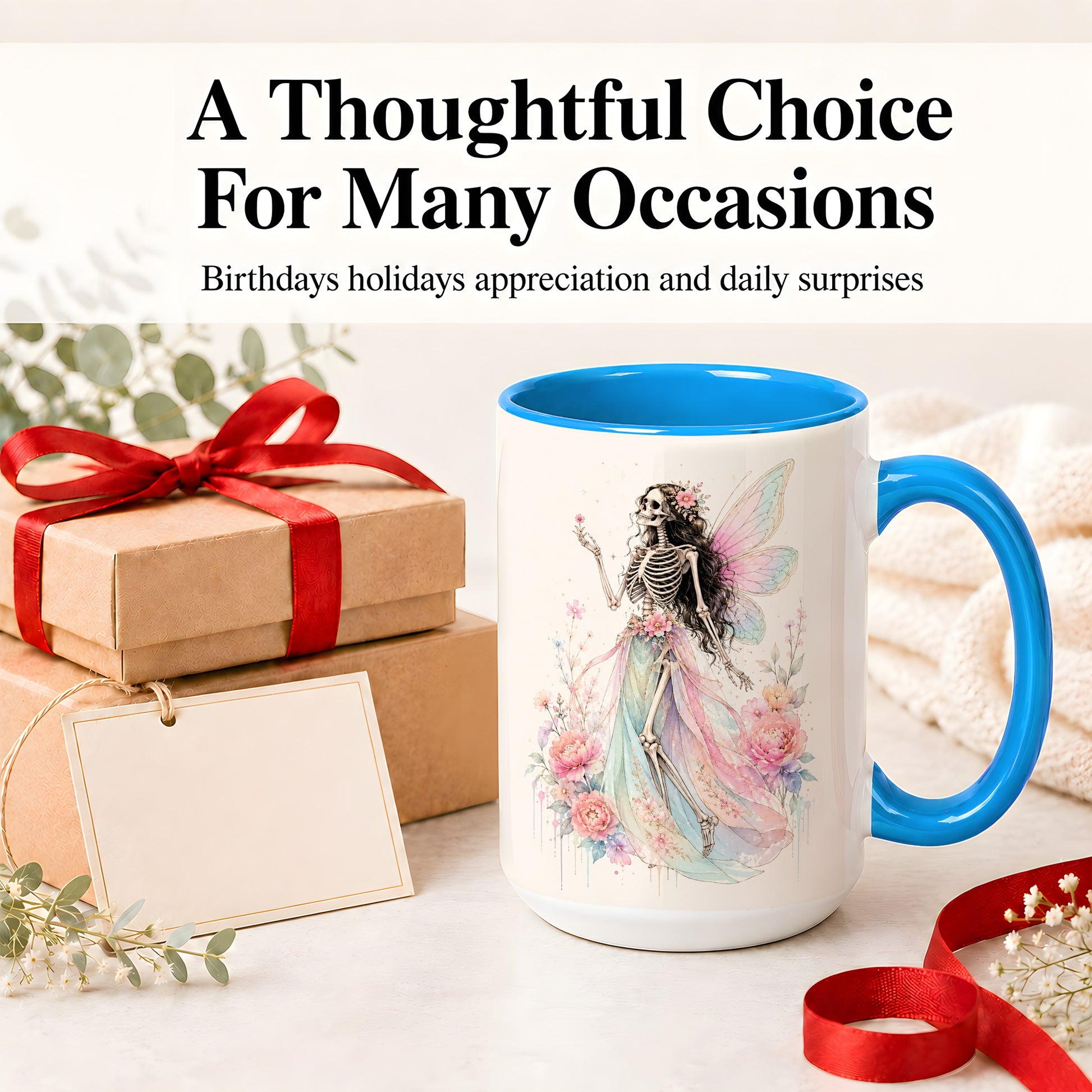 #pl[15oz|Blue] Skeleton Fairy Ceramic Mug, Pastel Floral Gothic Fantasy Artwork
