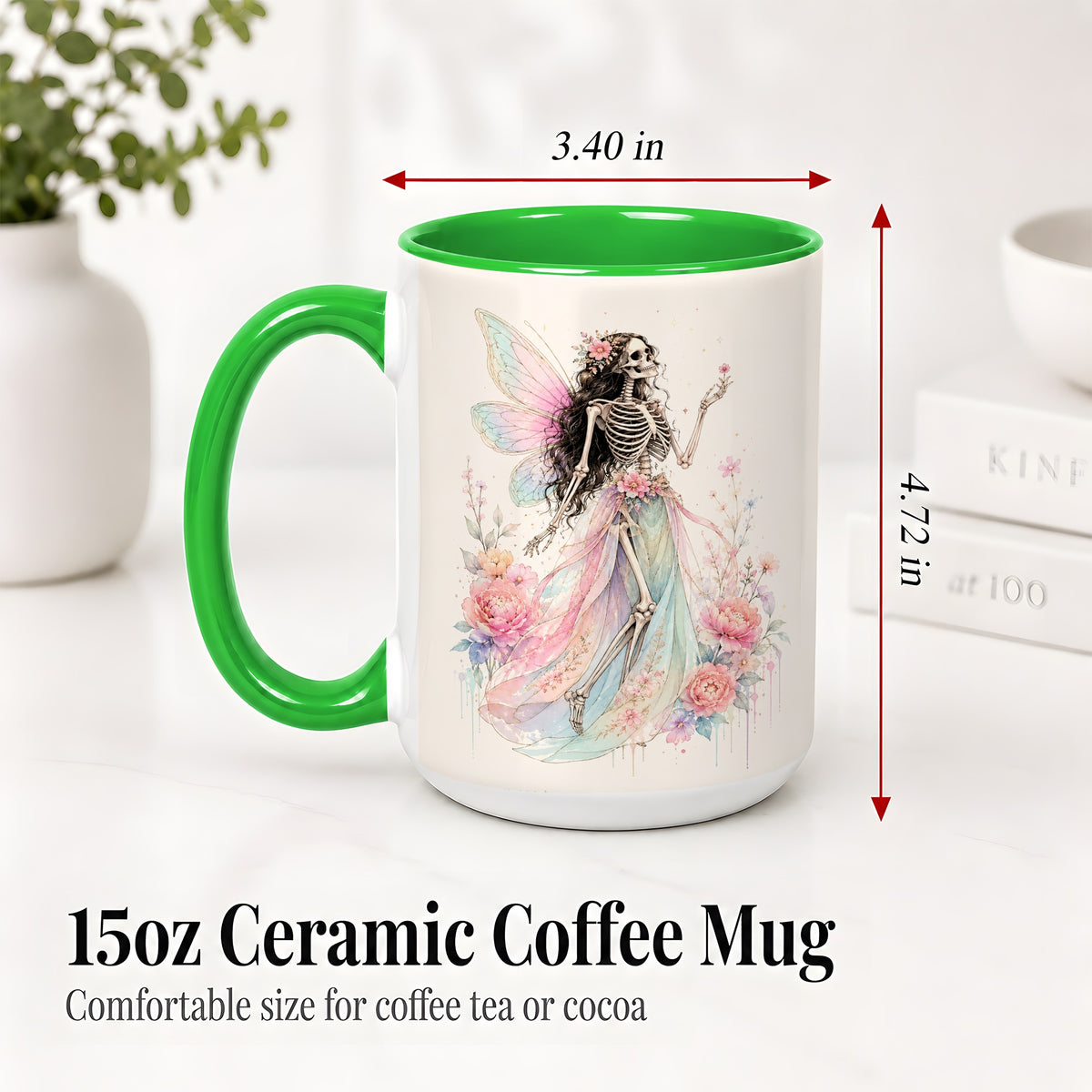 #pl[15oz|Green] Skeleton Fairy Ceramic Mug, Pastel Floral Gothic Fantasy Artwork