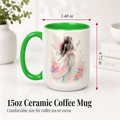 #pl[15oz|Green] Skeleton Fairy Ceramic Mug, Pastel Floral Gothic Fantasy Artwork