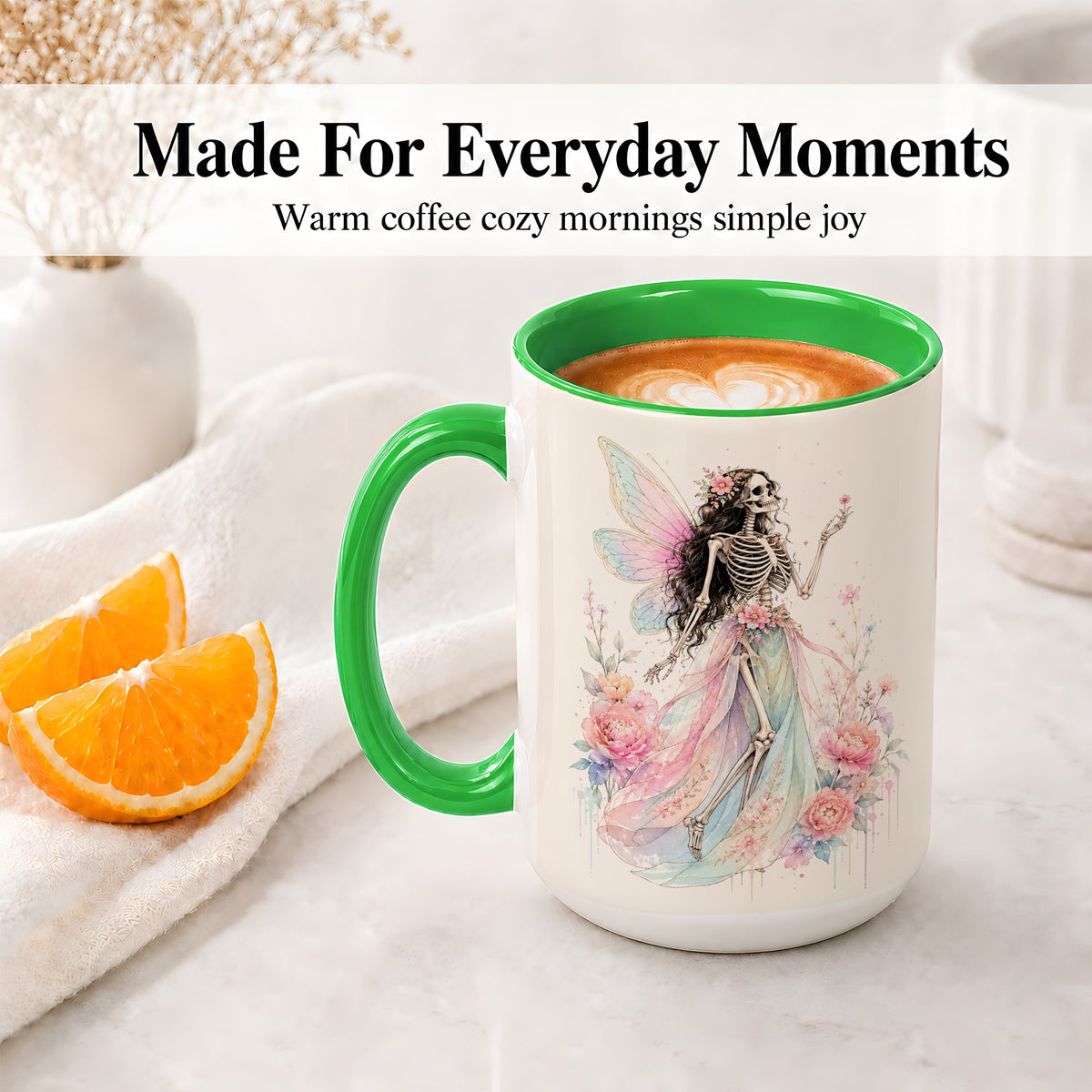 #pl[15oz|Green] Skeleton Fairy Ceramic Mug, Pastel Floral Gothic Fantasy Artwork