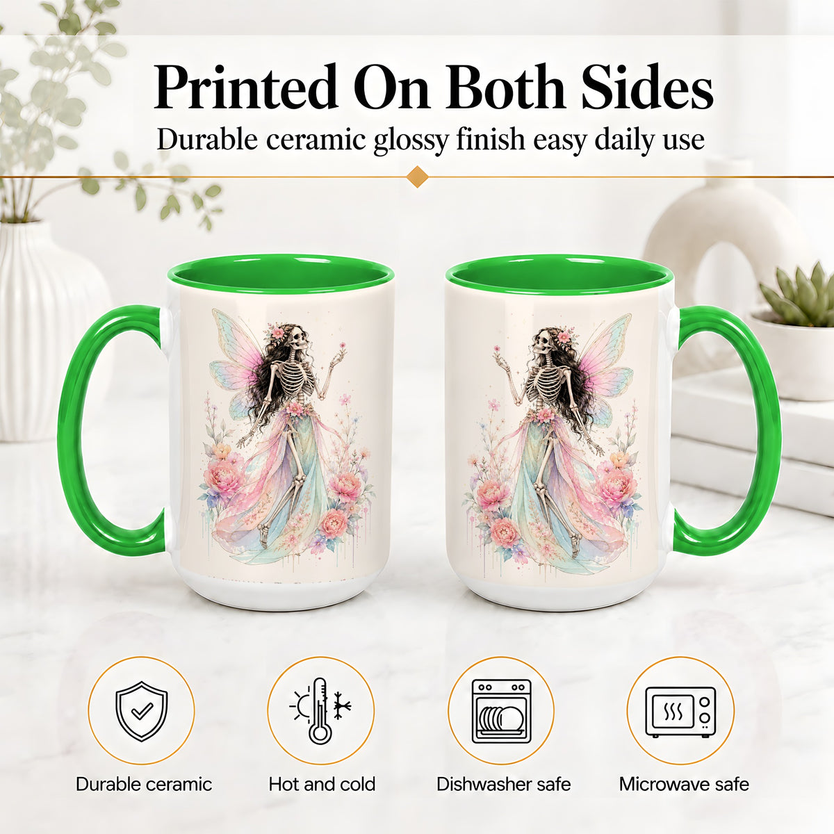 #pl[15oz|Green] Skeleton Fairy Ceramic Mug, Pastel Floral Gothic Fantasy Artwork