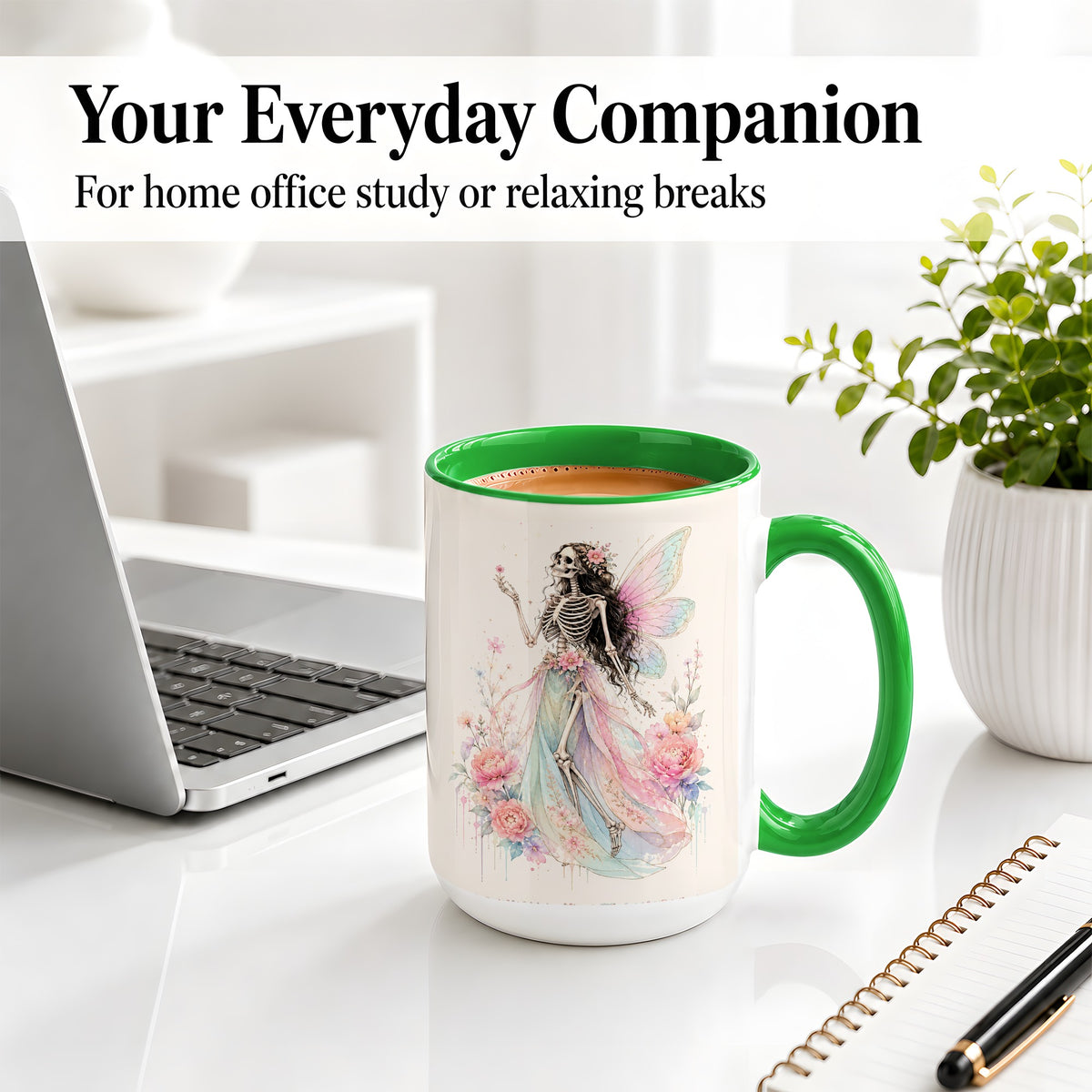 #pl[15oz|Green] Skeleton Fairy Ceramic Mug, Pastel Floral Gothic Fantasy Artwork