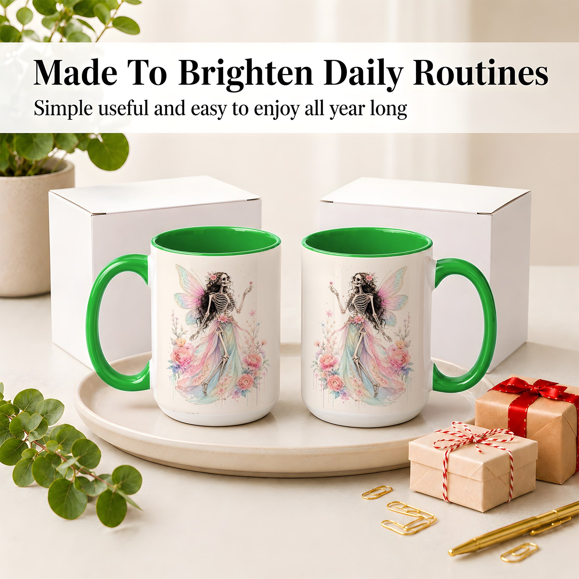 #pl[15oz|Green] Skeleton Fairy Ceramic Mug, Pastel Floral Gothic Fantasy Artwork