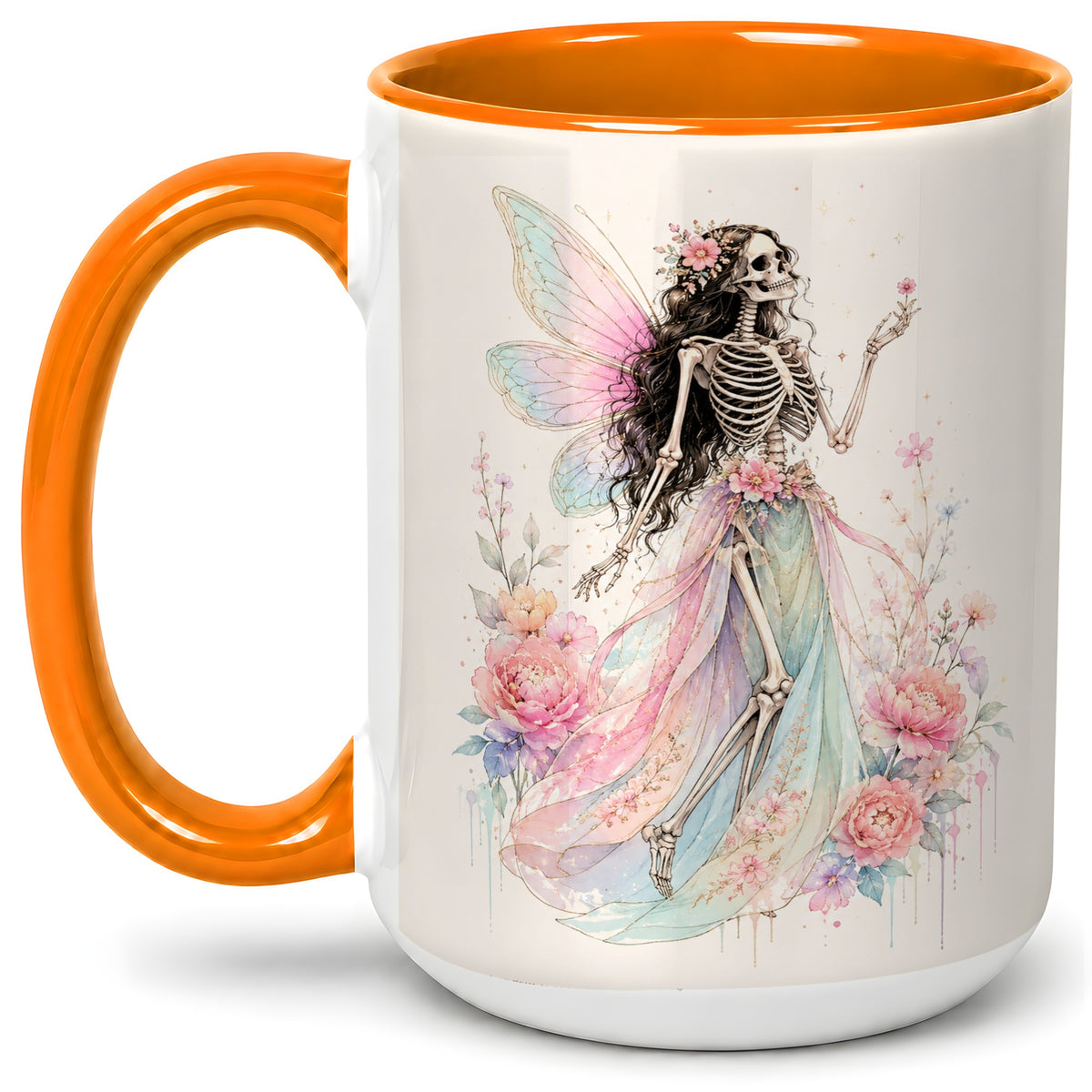 #pl[15oz|Orange] Skeleton Fairy Ceramic Mug, Pastel Floral Gothic Fantasy Artwork