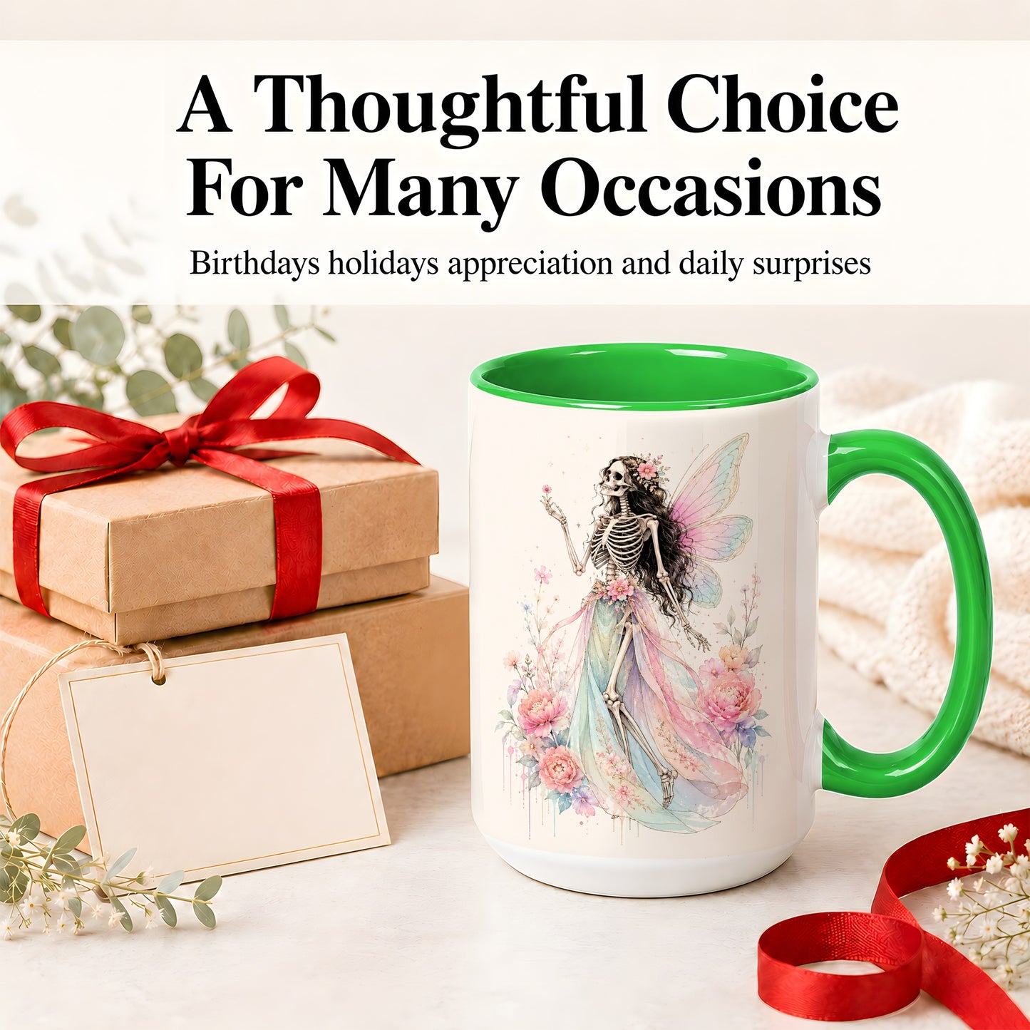 #pl[15oz|Green] Skeleton Fairy Ceramic Mug, Pastel Floral Gothic Fantasy Artwork
