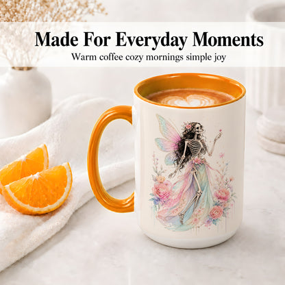 #pl[15oz|Orange] Skeleton Fairy Ceramic Mug, Pastel Floral Gothic Fantasy Artwork
