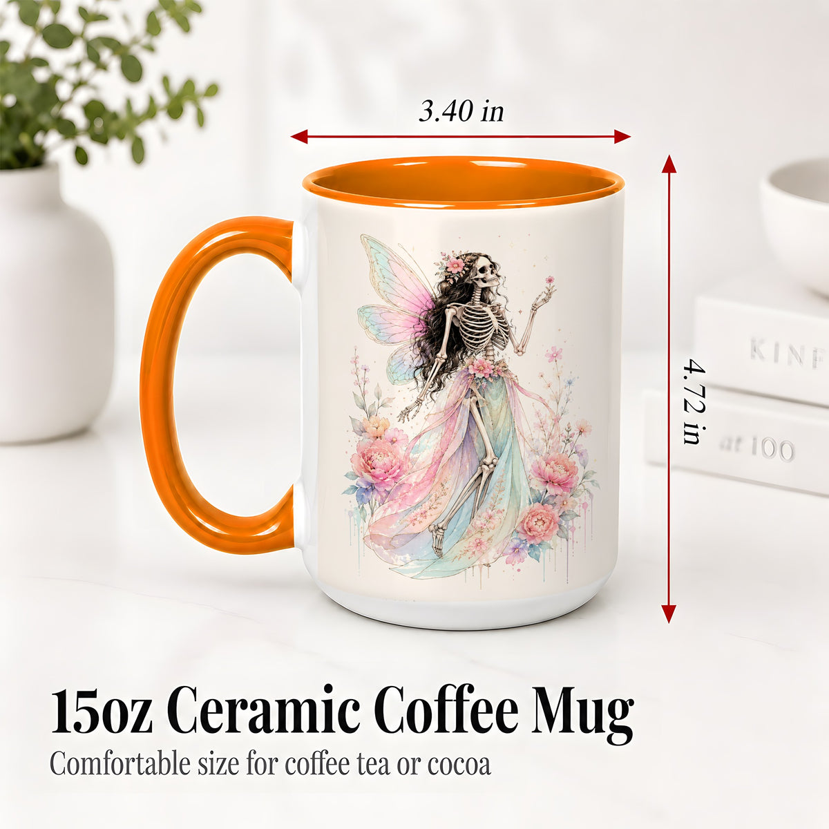 #pl[15oz|Orange] Skeleton Fairy Ceramic Mug, Pastel Floral Gothic Fantasy Artwork
