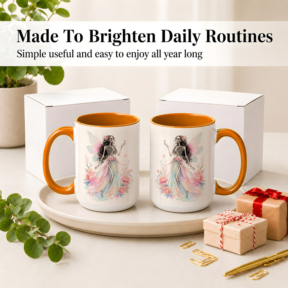 #pl[15oz|Orange] Skeleton Fairy Ceramic Mug, Pastel Floral Gothic Fantasy Artwork