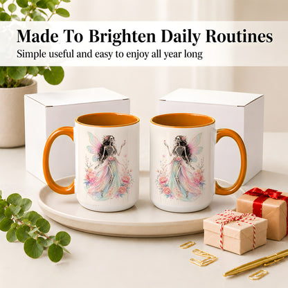 #pl[15oz|Orange] Skeleton Fairy Ceramic Mug, Pastel Floral Gothic Fantasy Artwork