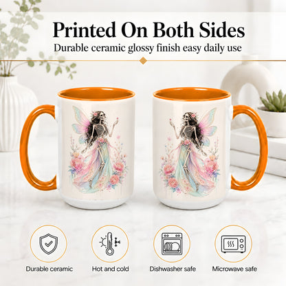 #pl[15oz|Orange] Skeleton Fairy Ceramic Mug, Pastel Floral Gothic Fantasy Artwork