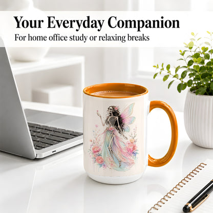 #pl[15oz|Orange] Skeleton Fairy Ceramic Mug, Pastel Floral Gothic Fantasy Artwork