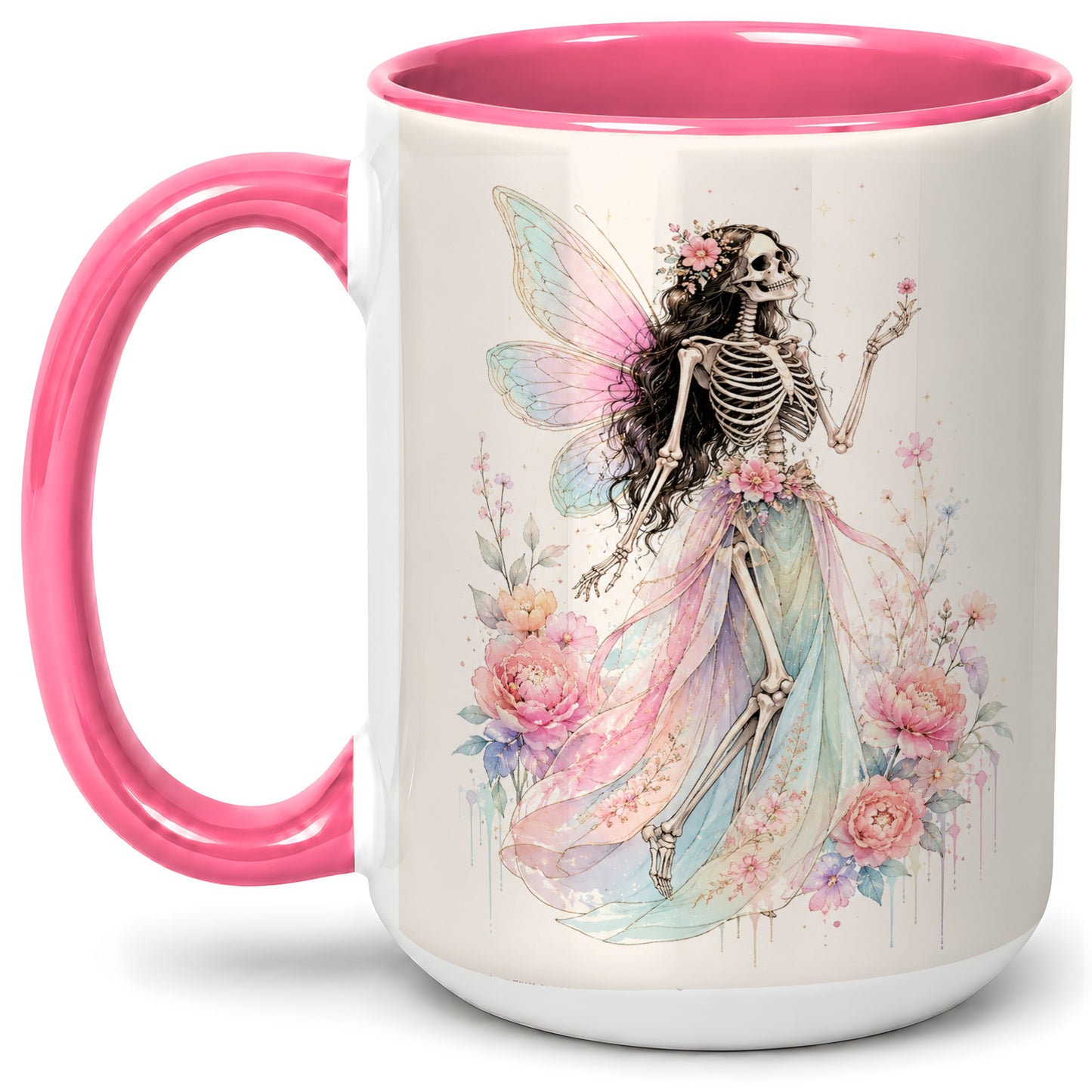 #pl[15oz|Pink] Skeleton Fairy Ceramic Mug, Pastel Floral Gothic Fantasy Artwork
