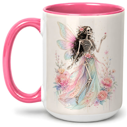 #pl[15oz|Pink] Skeleton Fairy Ceramic Mug, Pastel Floral Gothic Fantasy Artwork