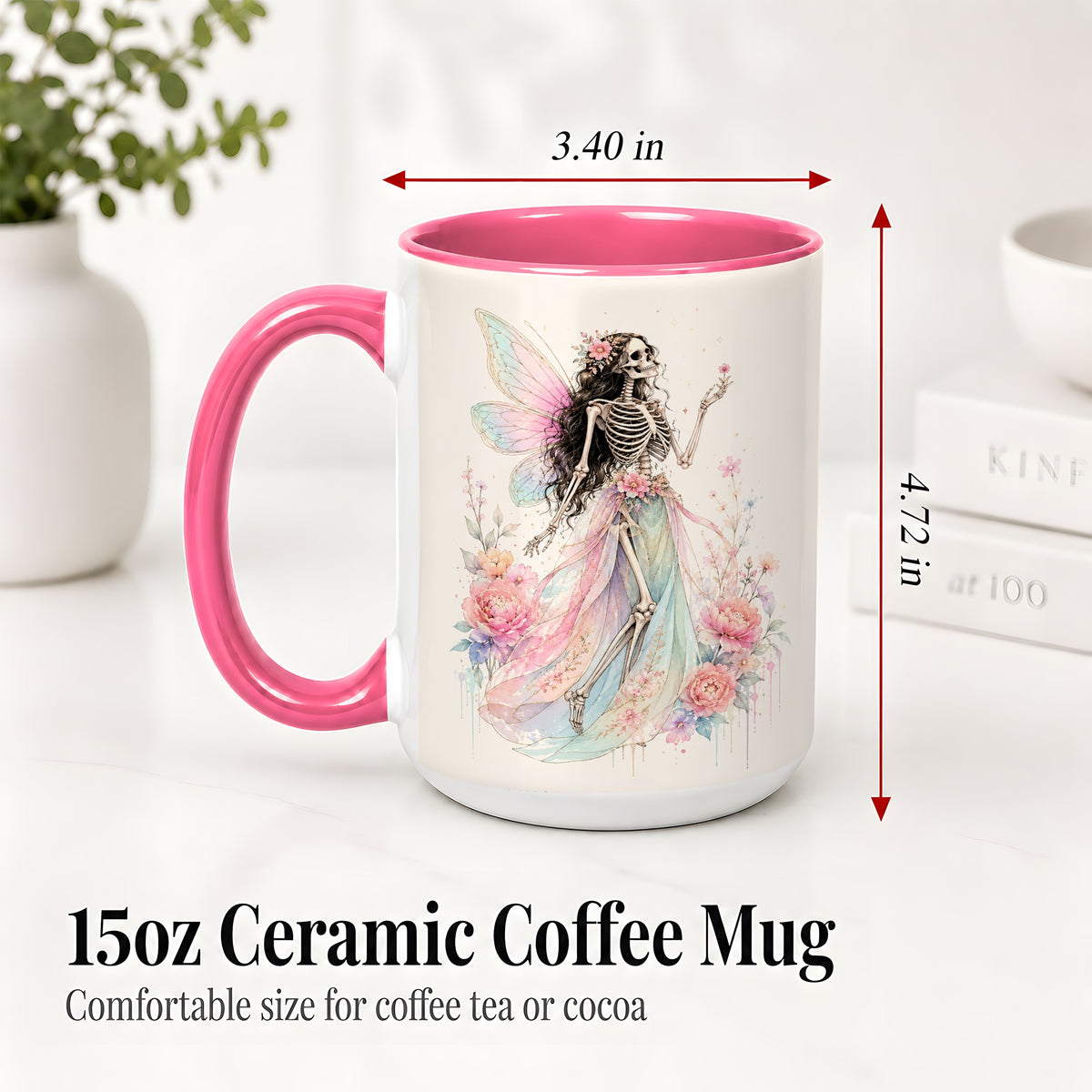 #pl[15oz|Pink] Skeleton Fairy Ceramic Mug, Pastel Floral Gothic Fantasy Artwork