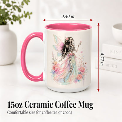 #pl[15oz|Pink] Skeleton Fairy Ceramic Mug, Pastel Floral Gothic Fantasy Artwork