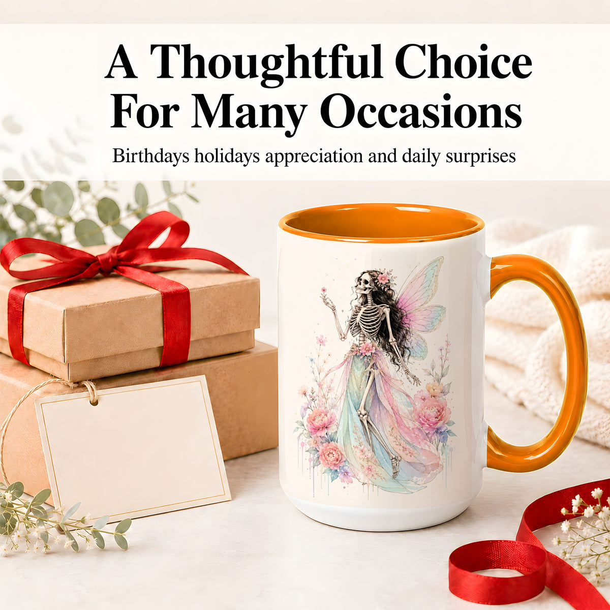 #pl[15oz|Orange] Skeleton Fairy Ceramic Mug, Pastel Floral Gothic Fantasy Artwork